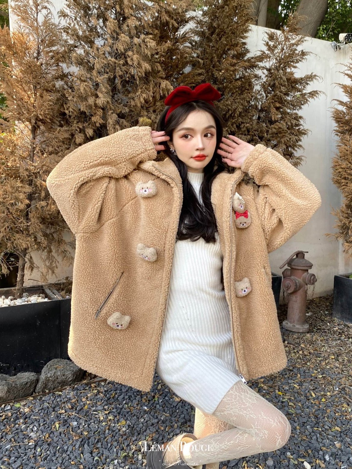 LEMAN ROUGE小众设计师环保羊羔毛蝴蝶结小熊可爱泰迪保暖外套女