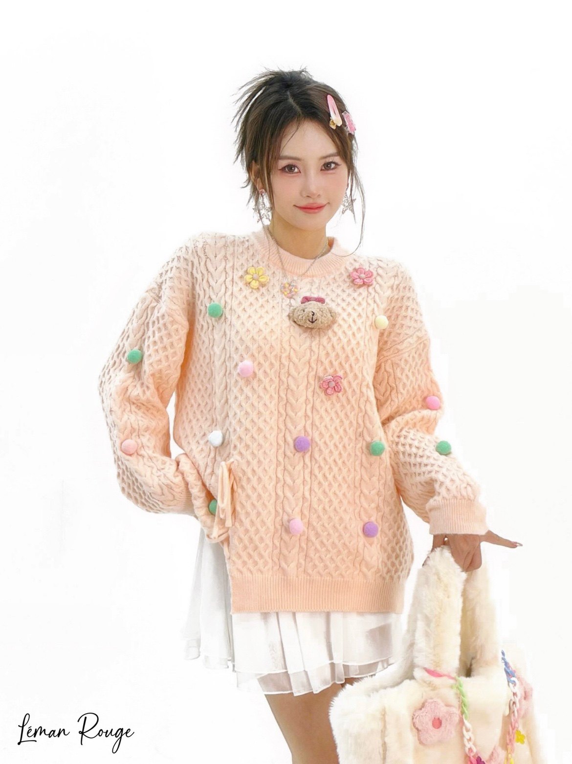 LEMAN ROUGE 橘粉节日小熊毛衣