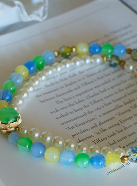 vintage Coro 蓝色 绿色 串珠 珍珠 双层 项链