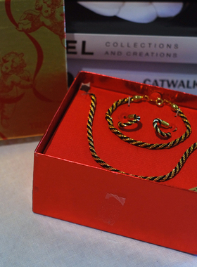 vintage trifari 翠法丽 编织绳 金色 黑色 耳针项链手链套装