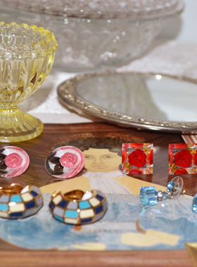 vintage lucite 玫瑰 椭圆 正方形 joan rivers蓝色 水晶耳夹耳针