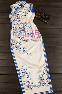 茧玥手工旗袍老上海高端定制白色重磅真丝绣花小梅花传统改良长款