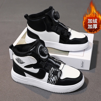儿童鞋旋转纽扣女童高帮棉鞋板鞋