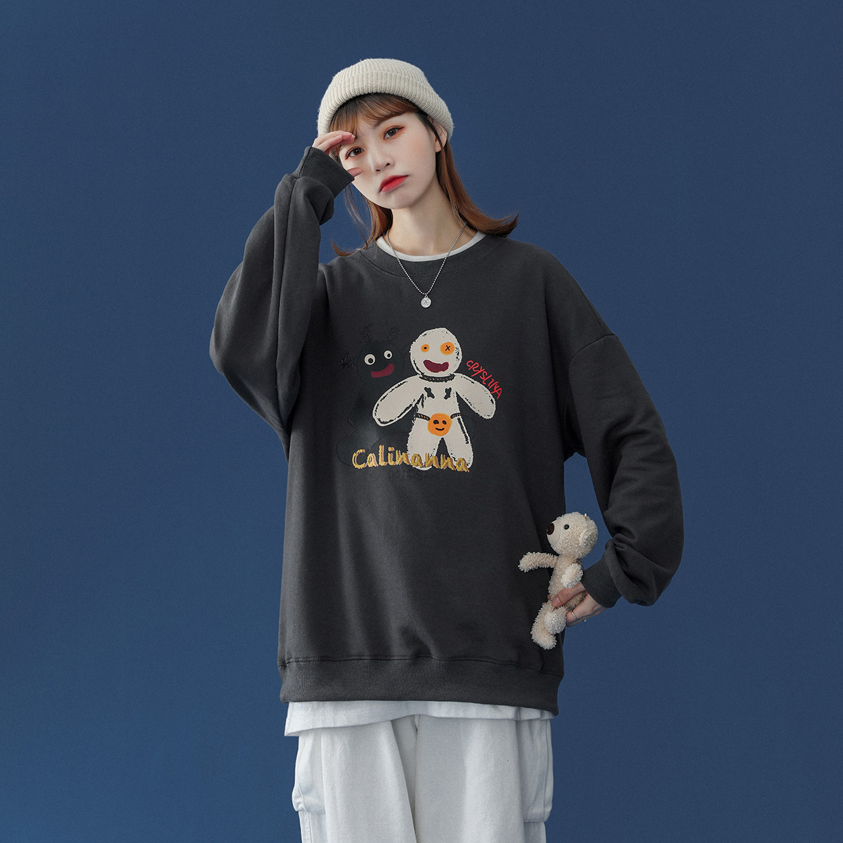 2021 spring dress large floral round neck sweater long sleeve blue background gray