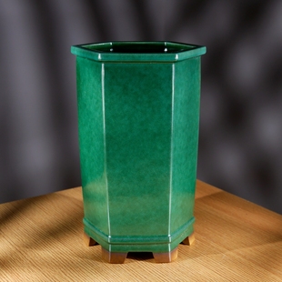 新款 特大号高档精品名家秦夕洪高六方均绿釉面紫砂盆景签筒兰花盆