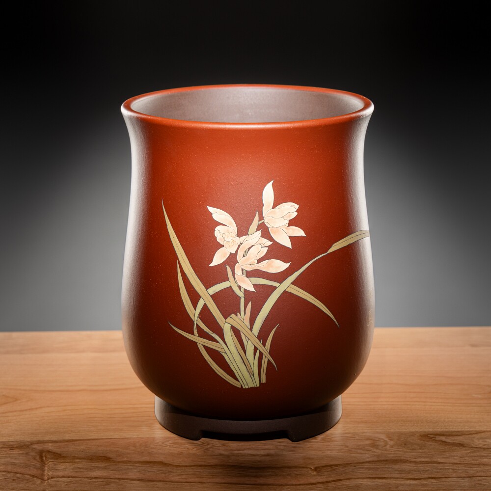 清仓促销宜兴精品原矿兰花赏盆全手工制作全手工精细泥绘收藏把玩