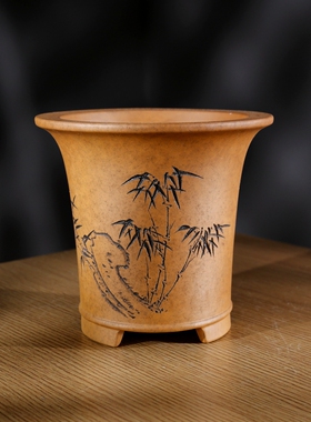 超透气新款名家秦夕洪精品段泥柴烧刻绘金钱大底孔高圆飘口兰花盆