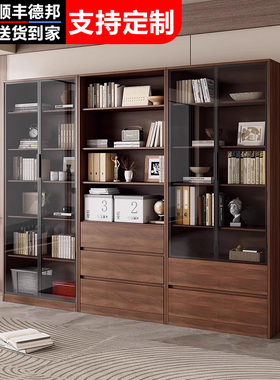 实木书柜储物柜一体家用客厅靠墙展示柜置物架带玻璃门整墙落地柜