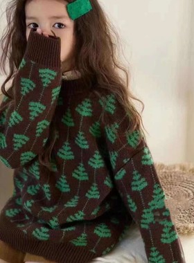 波拉韩国童装男女童圣诞毛衣冬装新款儿童外套韩版圆领套头针织衫