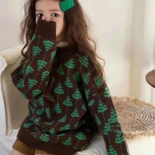 波拉韩国童装男女童圣诞毛衣冬装新款儿童外套韩版圆领套头针织衫