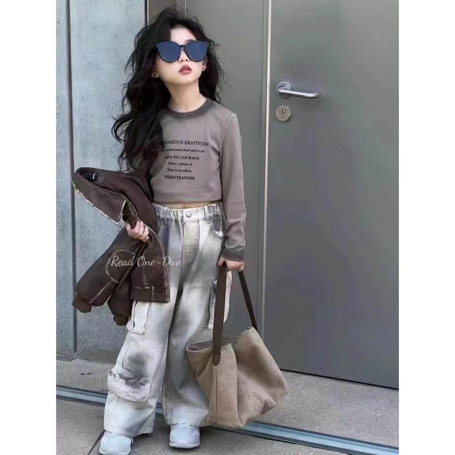 波拉韩国儿童装修身长袖T恤衫2025春季新款女孩韩版牛仔阔腿裤子