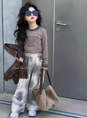 波拉韩国儿童装修身长袖T恤衫2025春季新款女孩韩版牛仔阔腿裤子