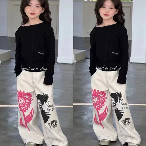 波拉韩国童装女童短款上衣2026春夏季新款韩版牛仔阔腿裤两件套装