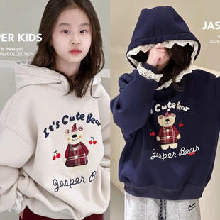 波拉韩国童装女童加绒卫衣秋冬款儿童洋气连帽上衣中大童加厚外套
