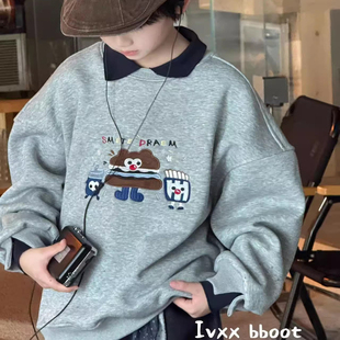 波拉韩国儿童装polo衫加厚外套冬款男女童宽松假两件加绒卫衣年装