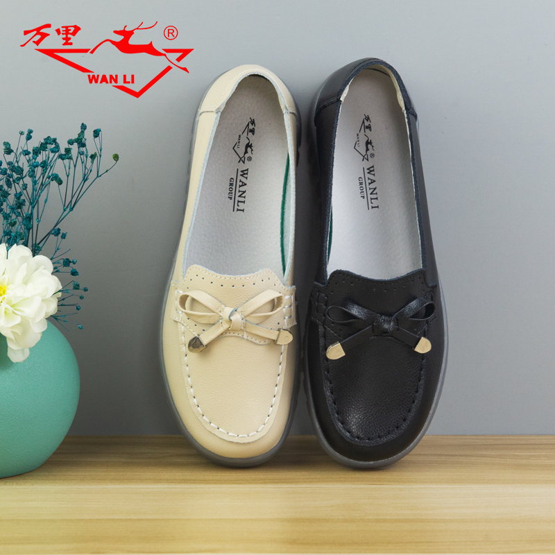 万里休闲单鞋低跟圆头真皮
