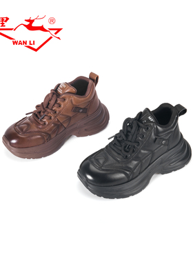 万里新款真皮休闲运动鞋时尚厚底系带单鞋百搭圆头女鞋BKT2995