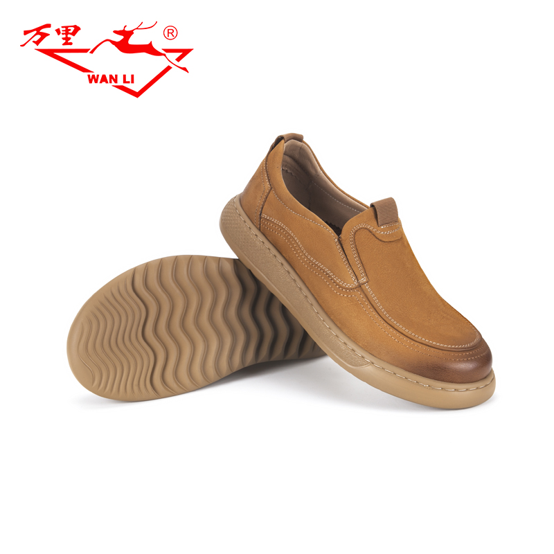 万里新款男士单鞋舒适一脚蹬真皮复古休闲鞋圆头低帮鞋BBT1187