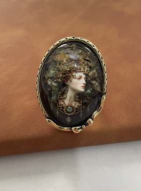 中古vintage西洋复古宫廷油画肖像画像琉璃封层打标轻奢女神戒指