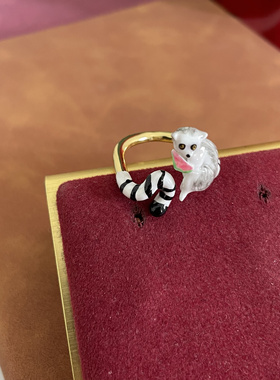 镀18k真金轻奢手绘珐琅彩釉俏皮吃瓜群众狐猴森系动物戒指女指环