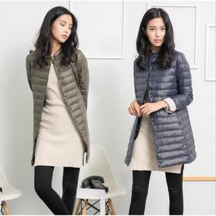 爆款轻薄款女立领中长款修身羽绒服外套潮大码上衣女潮白鸭绒