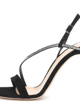 新款 黑色红色绒面烫钻细高跟搭扣凉鞋宴会party鞋婚鞋slingback