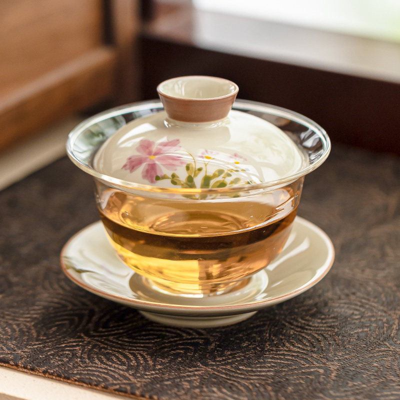 极素手绘小雏菊玻璃三才盖碗茶杯大号防烫陶瓷茶具单个家用泡茶碗