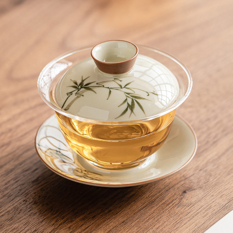 极素手绘文竹茶碗带盖子家用功夫泡茶碗不烫手玻璃茶具陶瓷三才盖