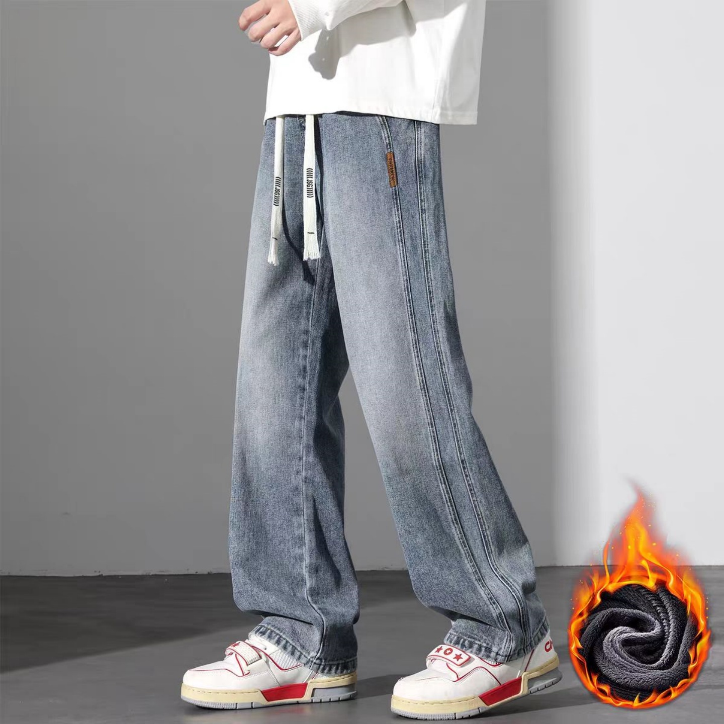 秋冬季宽松直筒加绒牛仔裤子男士