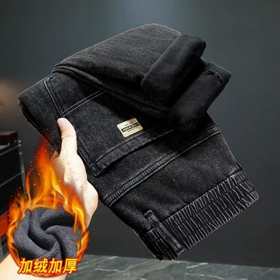 男士牛仔裤加绒加厚弹力松紧腰款