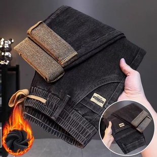 秋冬男士牛仔裤2025新款加绒直筒修身弹力松紧腰抽绳休闲长裤子潮