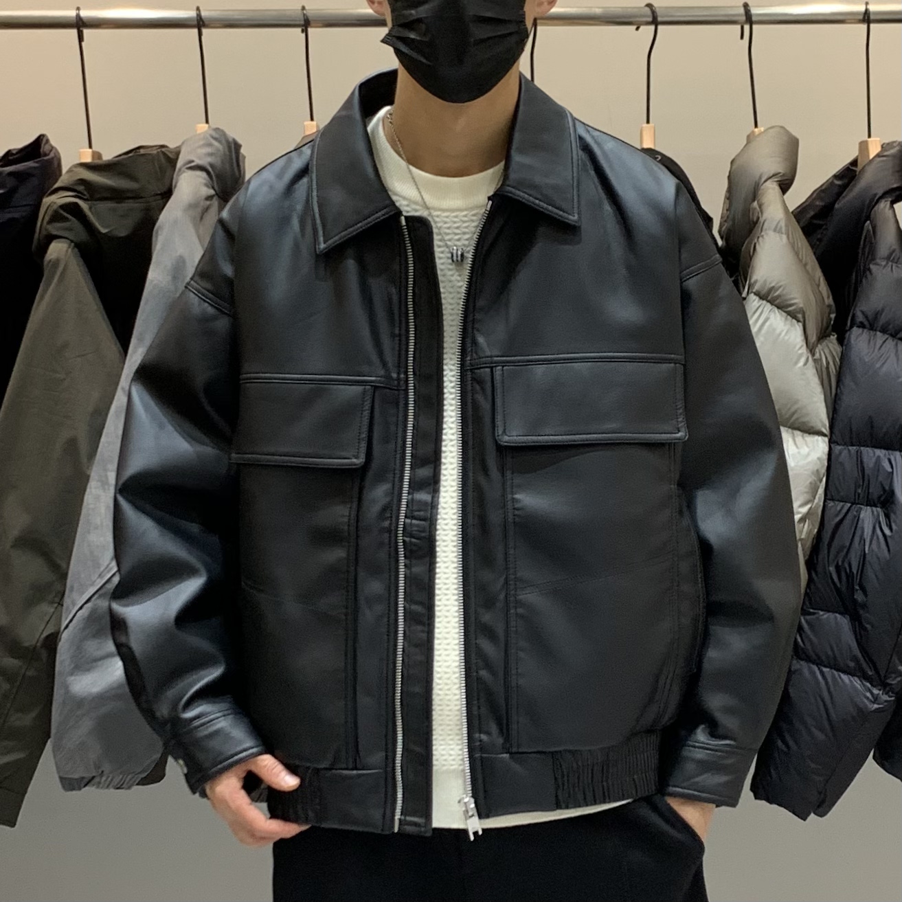 冬季韩版男士翻领PU皮羽绒服百搭潮流美式复古时尚痞帅保暖羽绒服