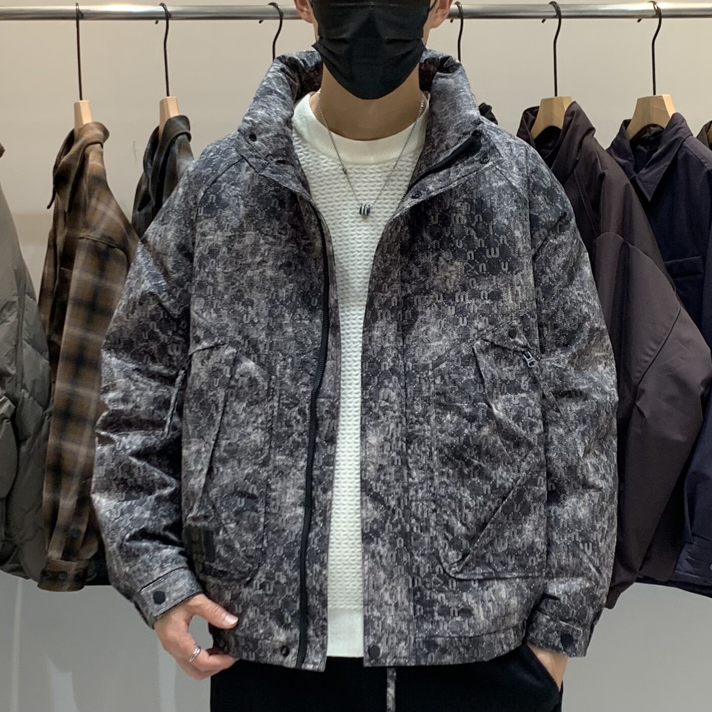 冬季韩版男士连帽羽绒服百搭潮流美式时尚扎染花色痞帅保暖羽绒衣