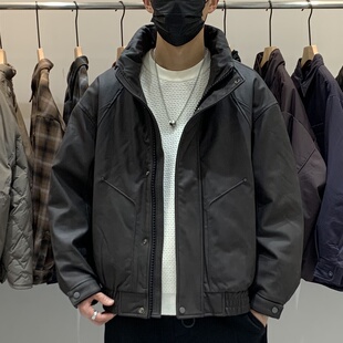 休闲时尚 冬季 立领PU皮羽绒服百搭潮流美式 男士 痞帅保暖羽绒衣 韩版
