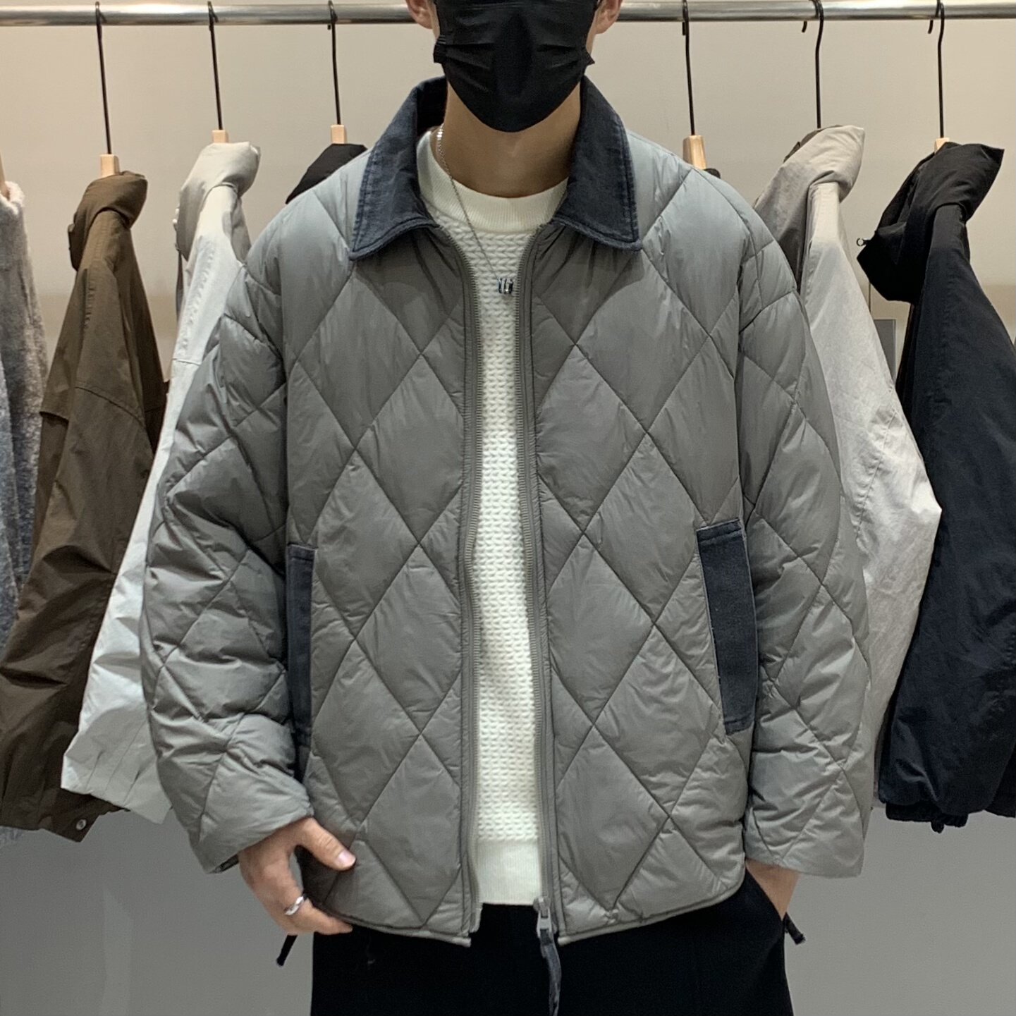 冬季韩版男翻领羽绒服百搭潮流日系时尚拼接菱格设计感保暖羽绒衣