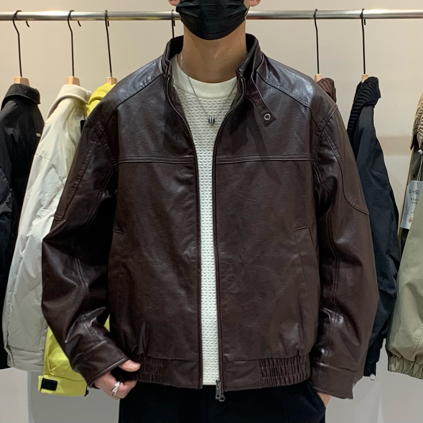 冬季韩版男立领PU皮羽绒服百搭潮流美式复古机车老钱风保暖羽绒衣