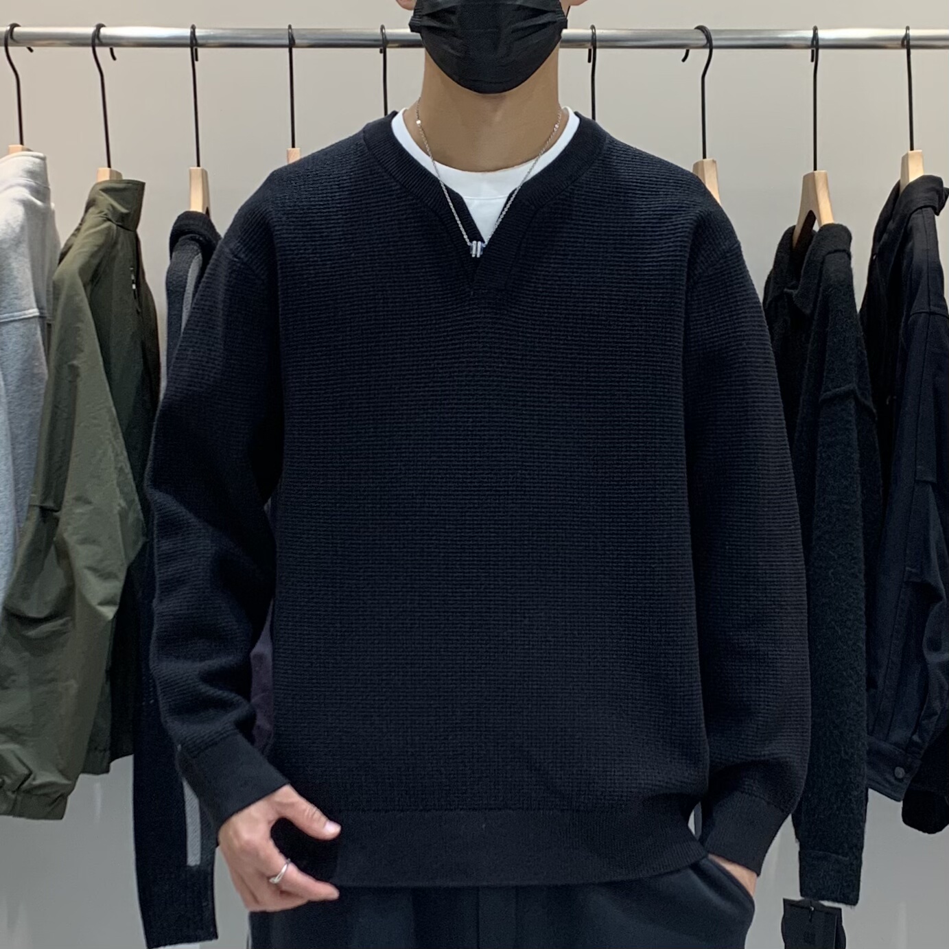 秋季韩版男士假两件针织毛衣百搭潮流时尚痞帅轻熟高级感休闲线衣