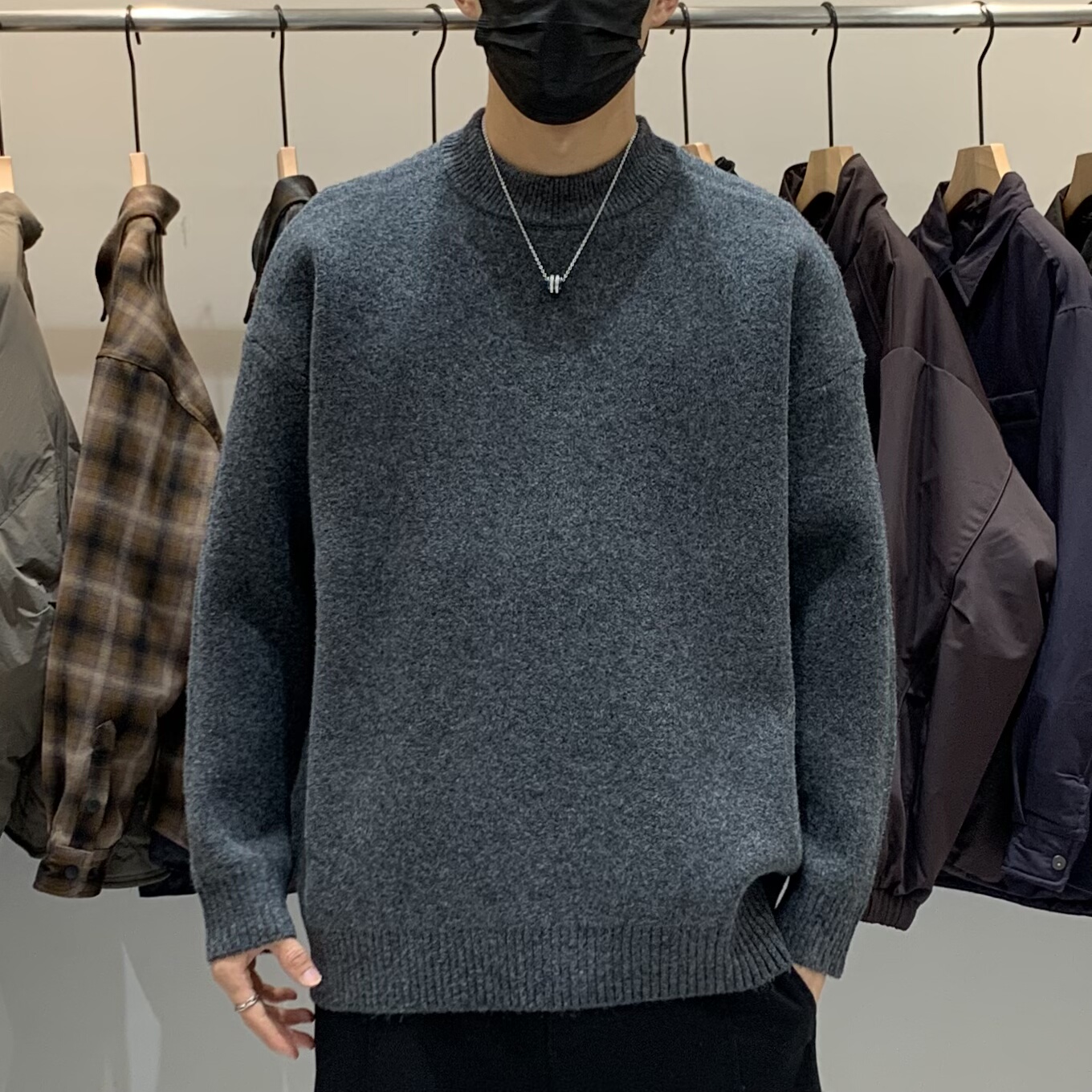 冬季韩版男士圆领针织衫百搭潮流时尚休闲纯色简约内搭打底衫毛衣