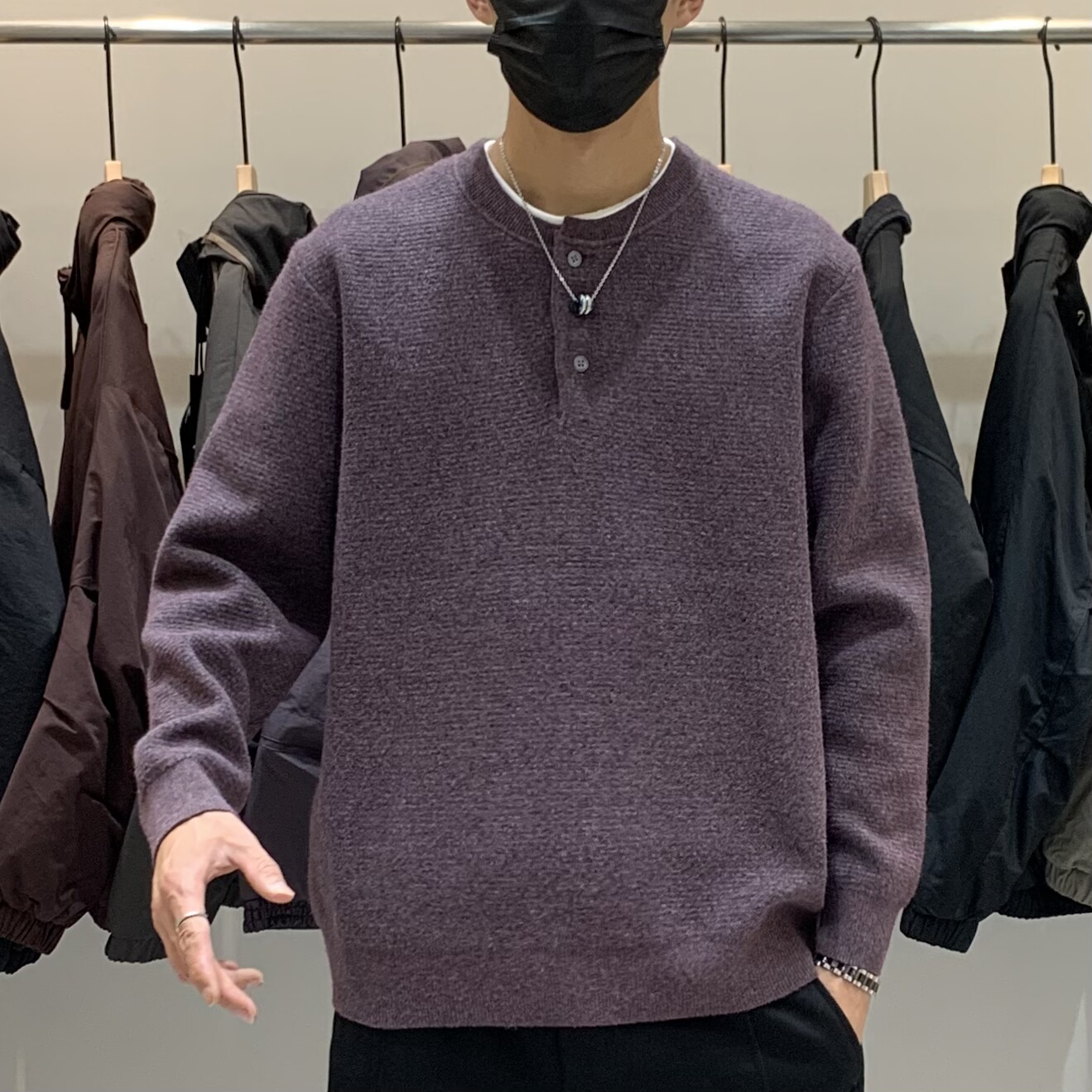 秋冬男士圆领假两件针织衫百搭潮流美式时尚休闲痞帅简约打底毛衣