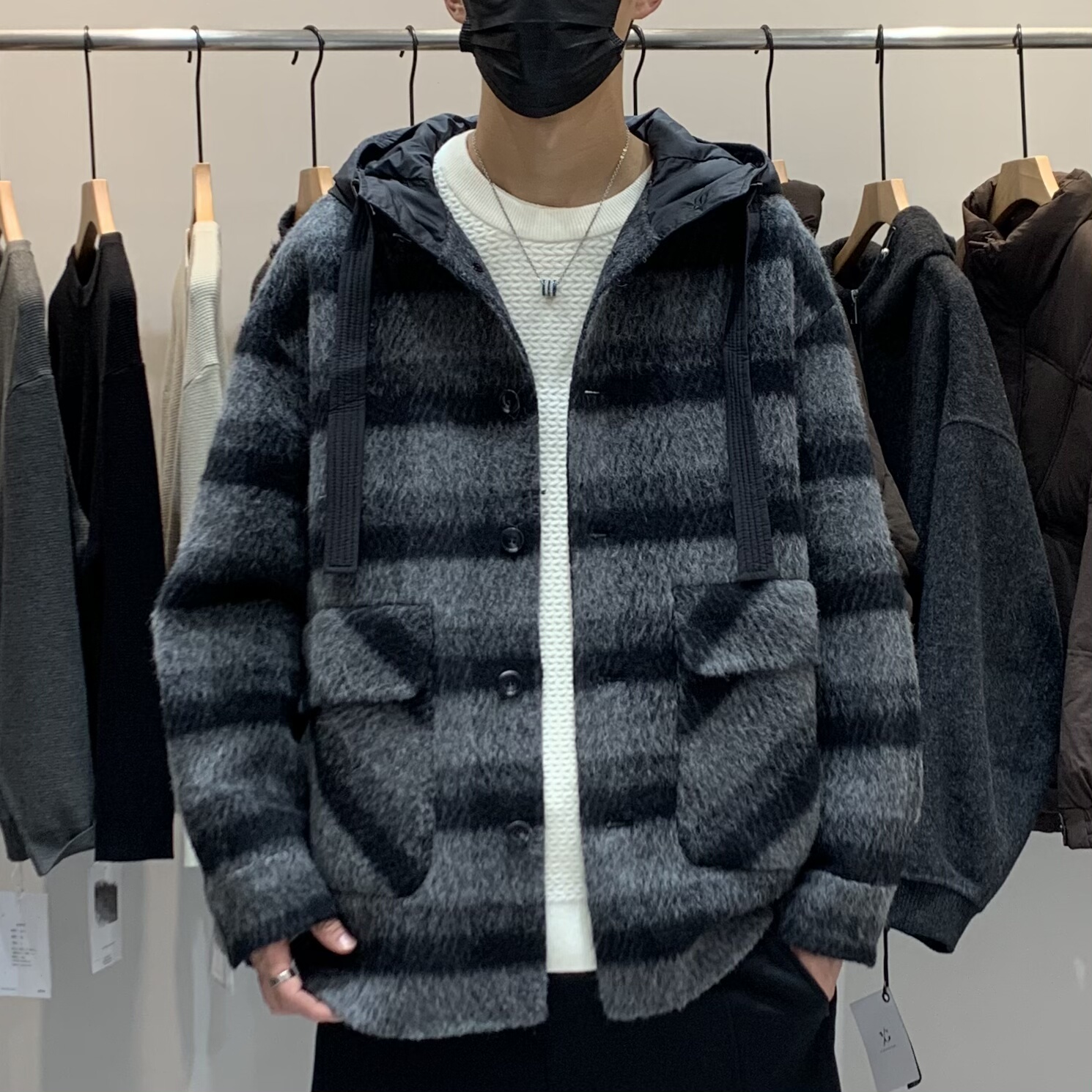 一公元-秋季男士连帽格子双面羊毛大衣百搭潮流时尚复古呢子外套