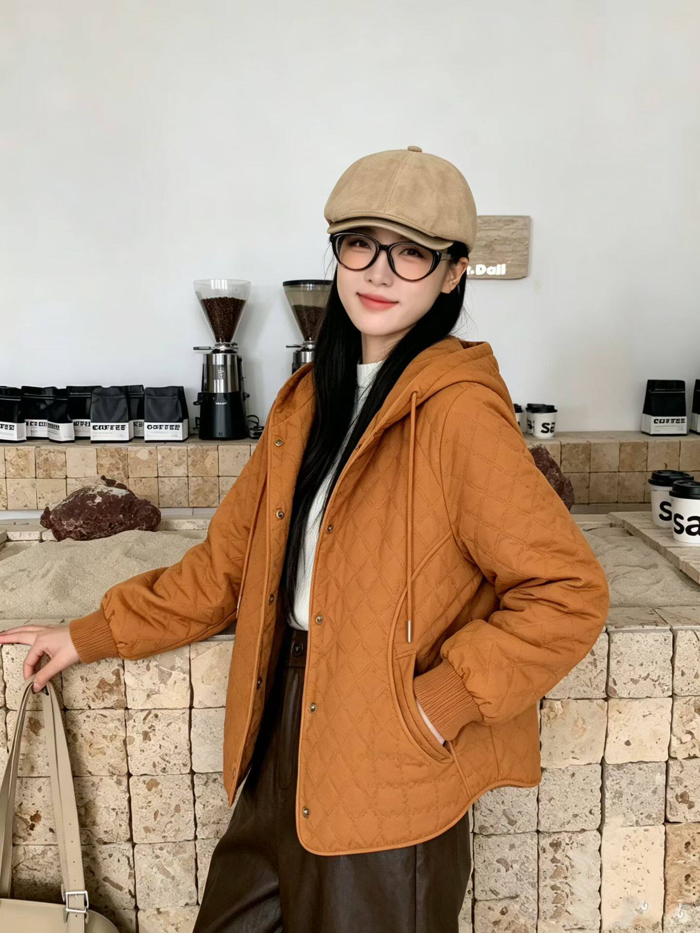 i+now日系女装2026秋季新款时尚百搭连帽爆款菱格外套女