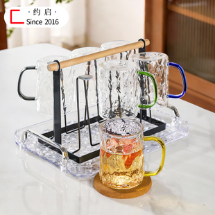 高硼硅玻璃杯套装家用耐高温带把手待客杯子超好看树纹绿茶泡茶杯
