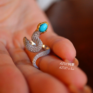 天然绿松石戒指蛇戒通体s925银镀金上开口可调节时尚个性原创饰品