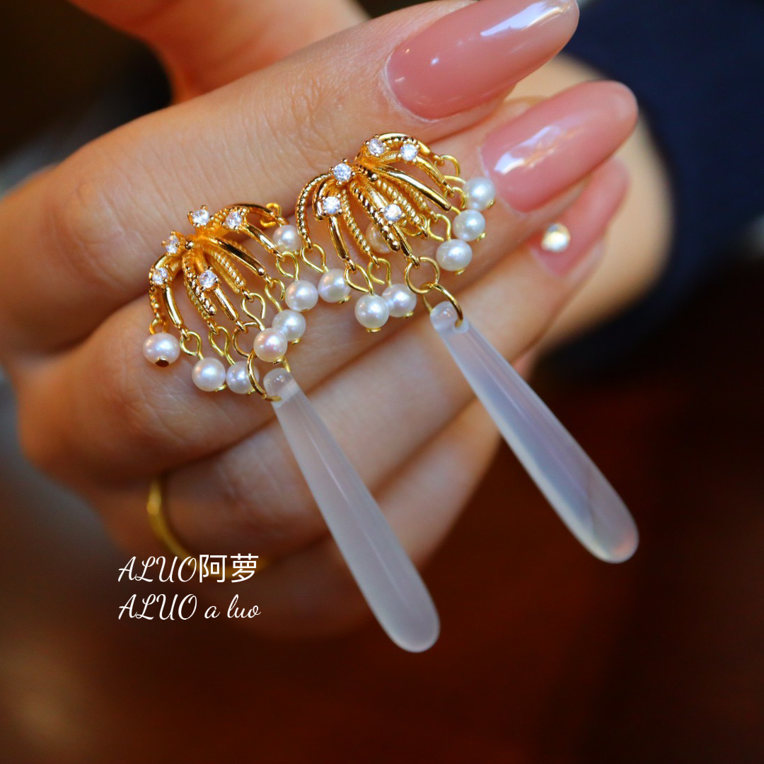 天然白玛瑙耳环s925银针耳坠耳饰原创设计饰品女轻奢中式国风复古