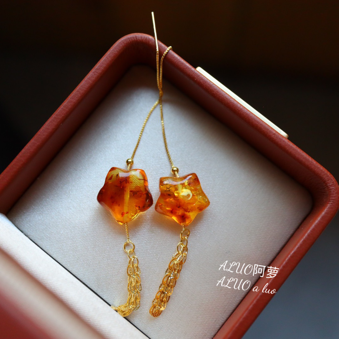 天然花珀耳线s925银镀金镶嵌原创设计饰品女轻奢耳环耳坠耳饰流苏