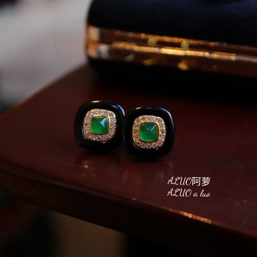 天然黑玛瑙糖塔祖母绿耳钉耳坠耳饰原创设计款饰品女轻奢小众纯银
