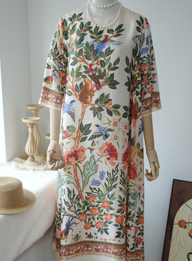 【现货】真丝连衣裙25新款圆领植物花卉印花宽松显瘦中长裙A20250