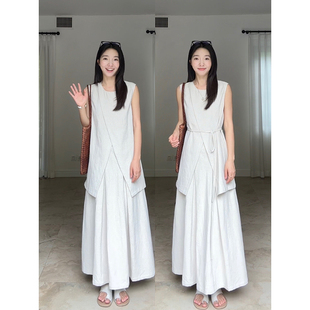 【现货秒发】不规则简约清凉感系带背心宽松上衣压褶半裙套装女