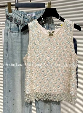 【现货】璀璨星河重工钉珠亮片无袖背心女夏季新款奢极上衣A78185