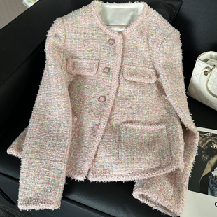 【现货秒发】蔷薇粉英国进口粗花呢小香风秋冬新款桑蚕丝内里外套